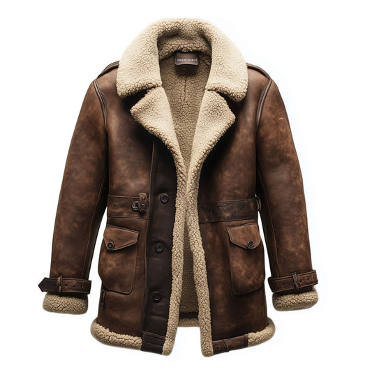Shearling Brown Leather Coat Genuine Sheepskin Fur Leather B3 Bomber Leather Modern Coat Aviator Jacket For Men