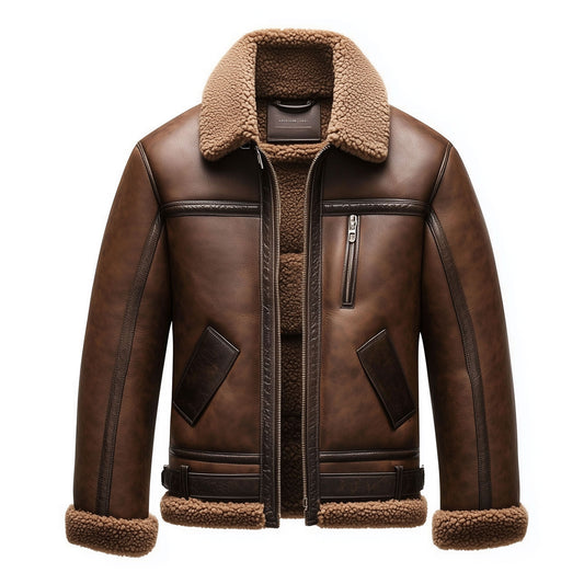 Shearling Brown Leather Jacket Genuine Luxurious Sheepskin Fur Leather B3 Bomber Leather Modern Aviator Jackets For Men