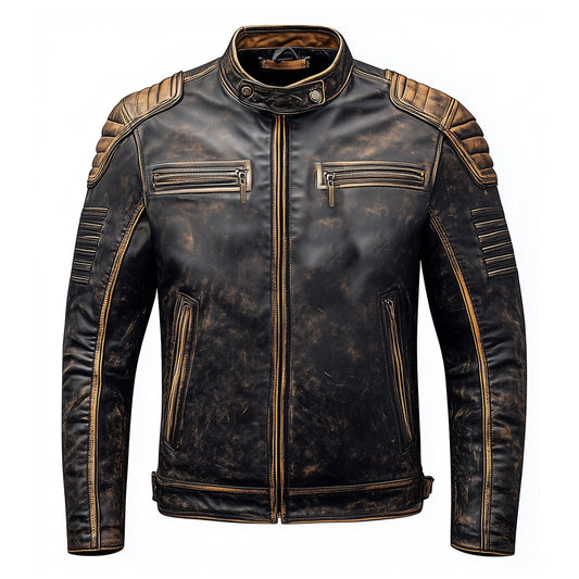 Mens Vintage Classic Biker Leather Jacket Zipper Stand Collar Multipockets Motercycle Distressed Genuine Leather Jackets For Men