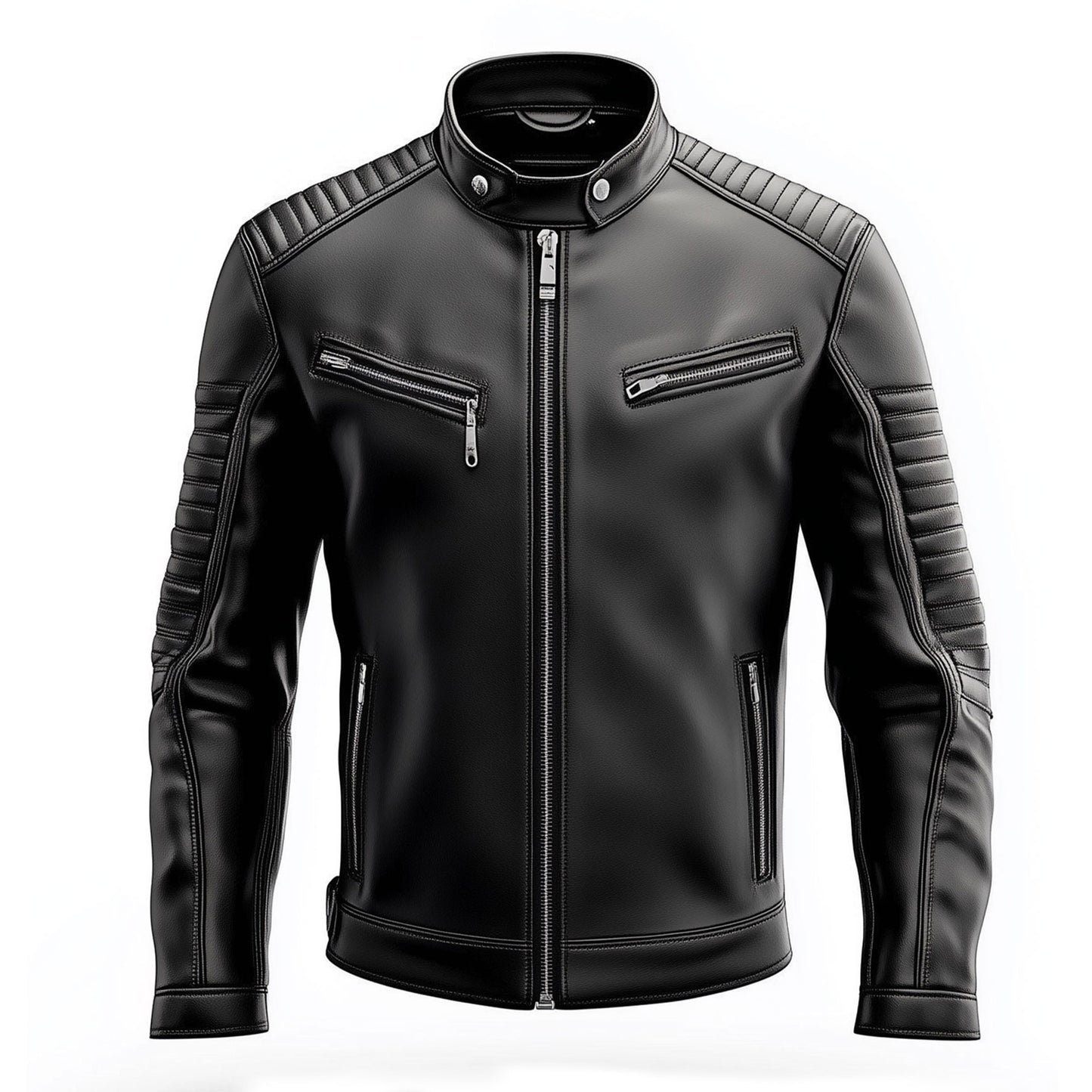 Mens Leather Jacket Black Biker Zipper Padded Protection Stand Collar Multipockets Motercycle Genuine Leather Jackets For Men