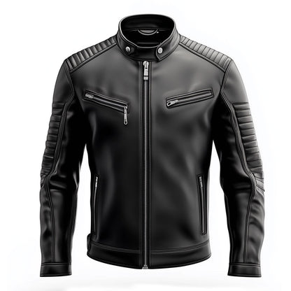 Mens Leather Jacket Black Biker Zipper Padded Protection Stand Collar Multipockets Motercycle Genuine Leather Jackets For Men