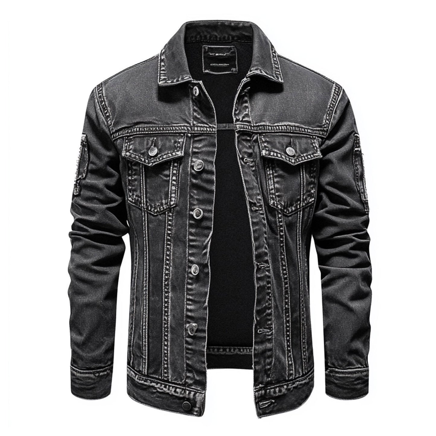 Mens Denim Jacket Distressed Comfortable Durable Jeans Flaps Slanted Front Pockets Lepal Trucker Jackets For Men