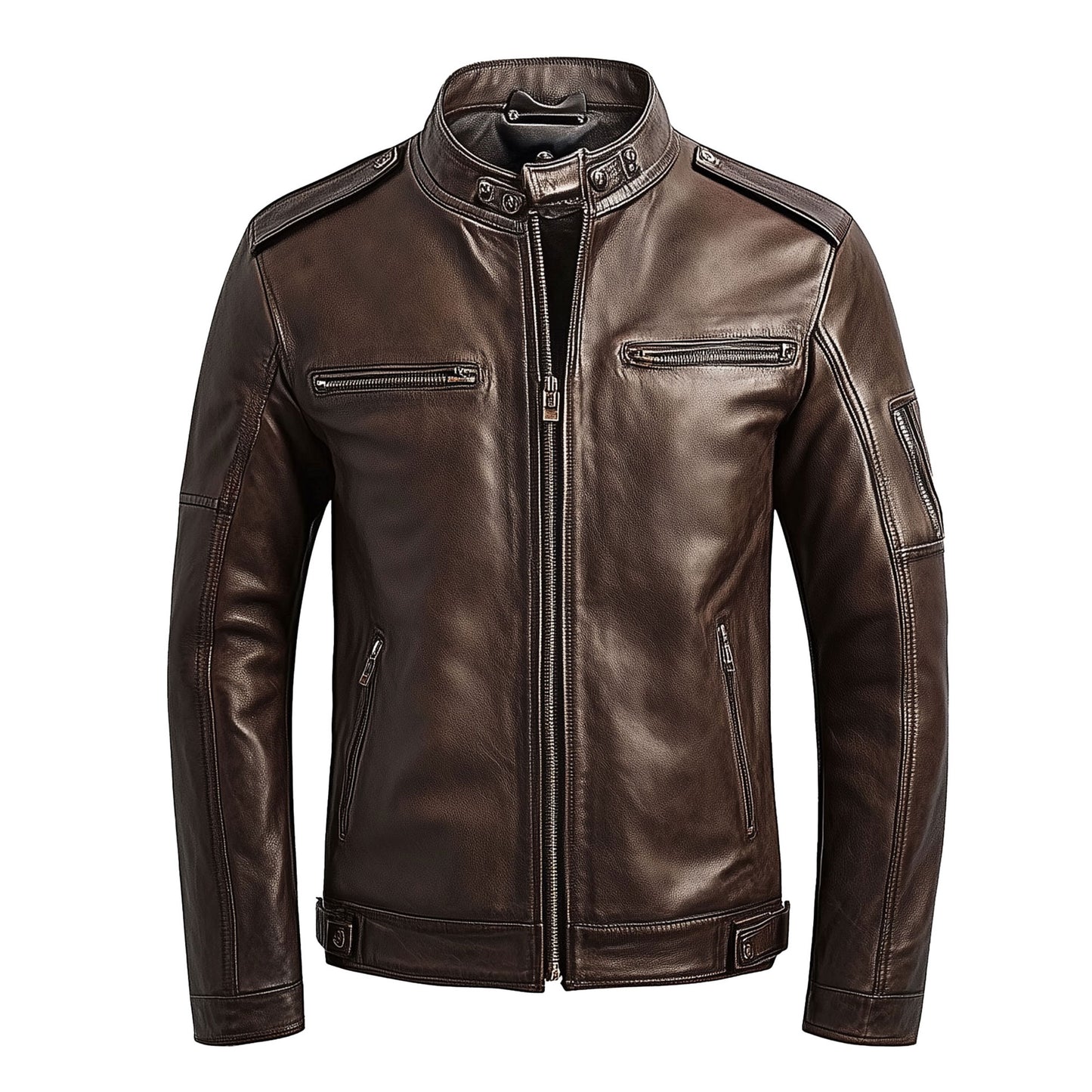 Mens Leather Jacket Biker Zipper Stand Collar Multipockets Motercycle Genuine Leather Jackets For Men