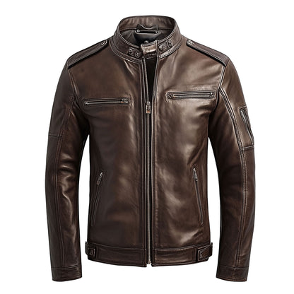 Mens Leather Jacket Biker Zipper Stand Collar Multipockets Motercycle Genuine Leather Jackets For Men
