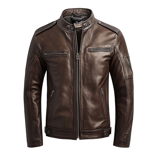 Mens Leather Jacket Biker Zipper Stand Collar Multipockets Motercycle Genuine Leather Jackets For Men