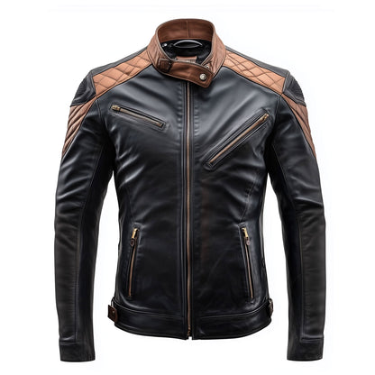 Mens Leather Jacket Black Brown Contrast Biker Zipper Shoulder Padded Protection Stand Collar Multipockets Motercycle Genuine Leather Jackets For Men