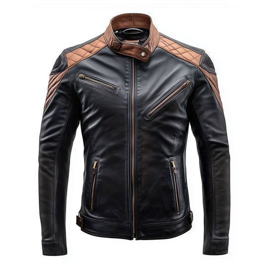 Mens Leather Jacket Black Brown Contrast Biker Zipper Shoulder Padded Protection Stand Collar Multipockets Motercycle Genuine Leather Jackets For Men