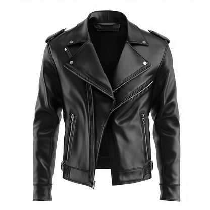 Mens Leather Jacket Biker Zipper Lepal Collar Multipockets Motercycle Genuine Leather Jackets For Men
