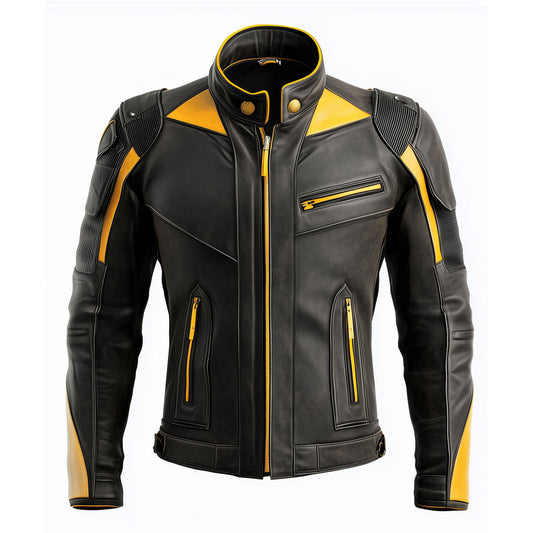 Mens Leather Jacket Biker Zipper Protection Black Yellow Contrast Stand Collar Multipockets Motercycle Genuine Leather Jackets For Men