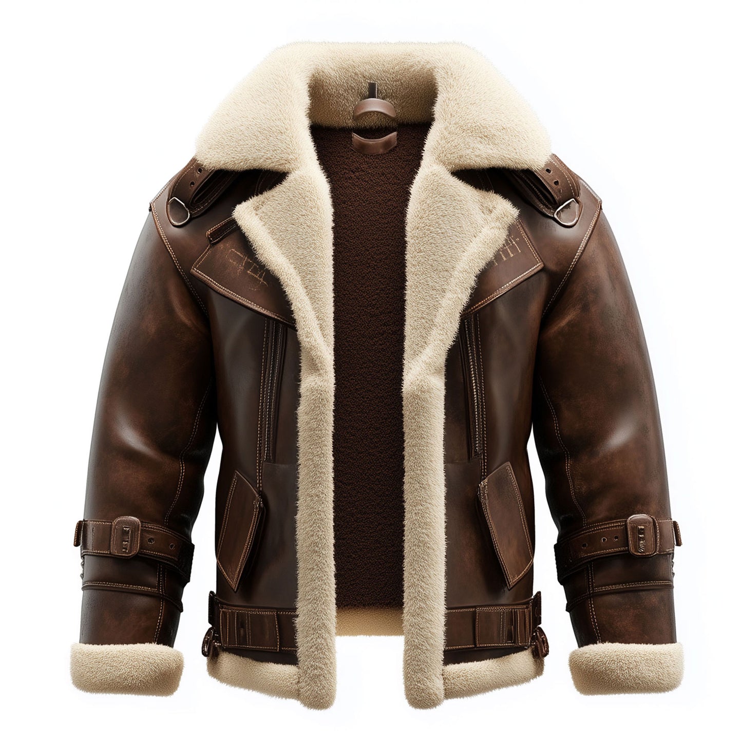 Shearling Brown Leather Jacket Genuine Sheepskin Fur Leather B3 Bomber Leather Modern Aviator Jackets For Men