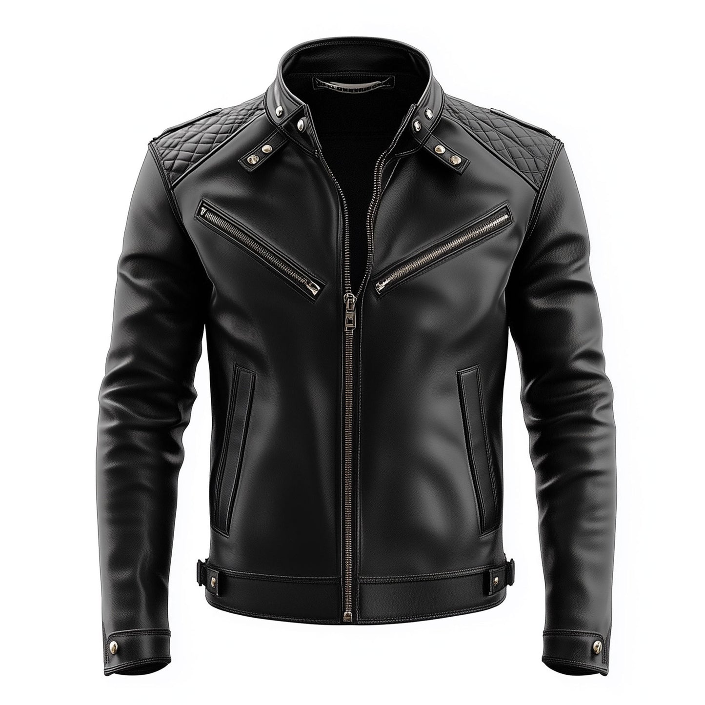 Mens Leather Jacket Black Biker Zipper Shoulder Padded Protection Stand Collar Multipockets Motercycle Genuine Leather Jackets For Men