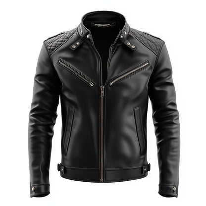 Mens Leather Jacket Black Biker Zipper Shoulder Padded Protection Stand Collar Multipockets Motercycle Genuine Leather Jackets For Men