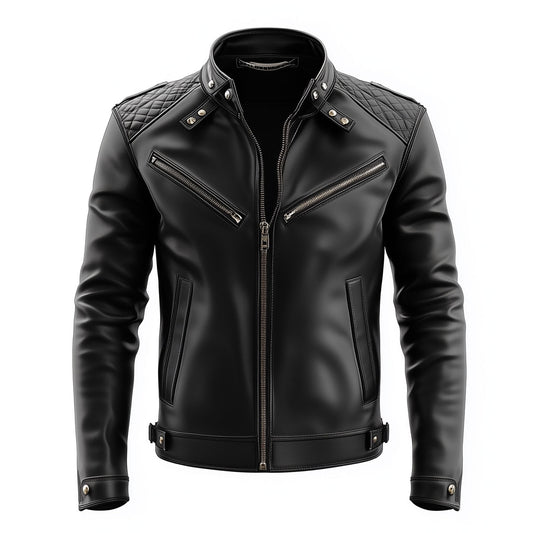 Mens Leather Jacket Black Biker Zipper Shoulder Padded Protection Stand Collar Multipockets Motercycle Genuine Leather Jackets For Men