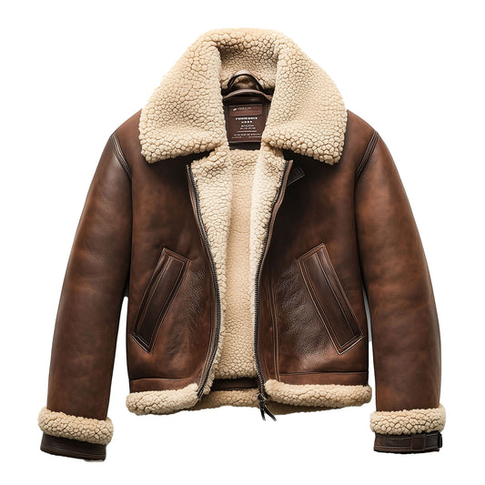 Shearling Brown Leather Jacket Genuine Luxurious Sheepskin Fur Leather B3 Bomber Leather Aviator Jackets For Men