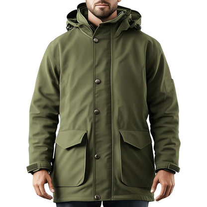 Mens Parkas Jacket Classic Military GreenParka Thigh-length Nylon Front Pockets Luxurious Removable Hood Winter Coat Warm Parka Jackets