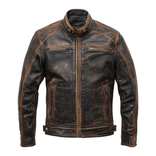 Mens Vintage Biker Leather Jacket Zipper Stand Collar Multipockets Motercycle Distressed Genuine Leather Jackets For Men