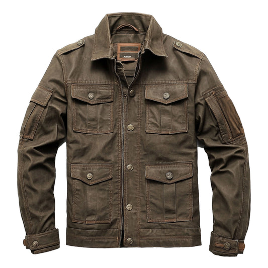 Mens Vintage Leather Jacket Military Field Zipper Lepal Collar Multipockets Flaps Slanted Pockets Brown Genuine Leather Jackets For Men