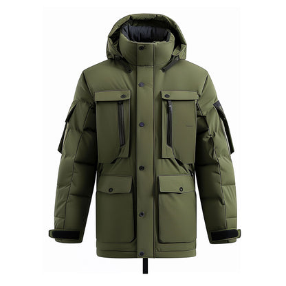 Mens Down Jacket Classic Military Green Down Parka Minimalist lightweight Removable Hood Winter Coat Warm Parka Jackets