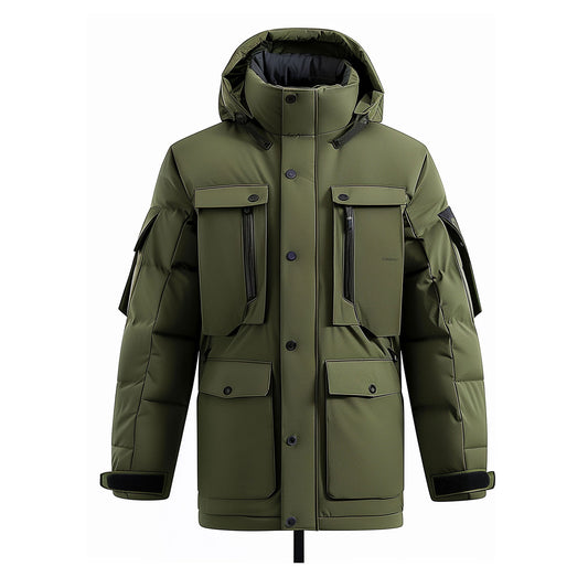 Mens Down Jacket Classic Military Green Down Parka Minimalist lightweight Removable Hood Winter Coat Warm Parka Jackets
