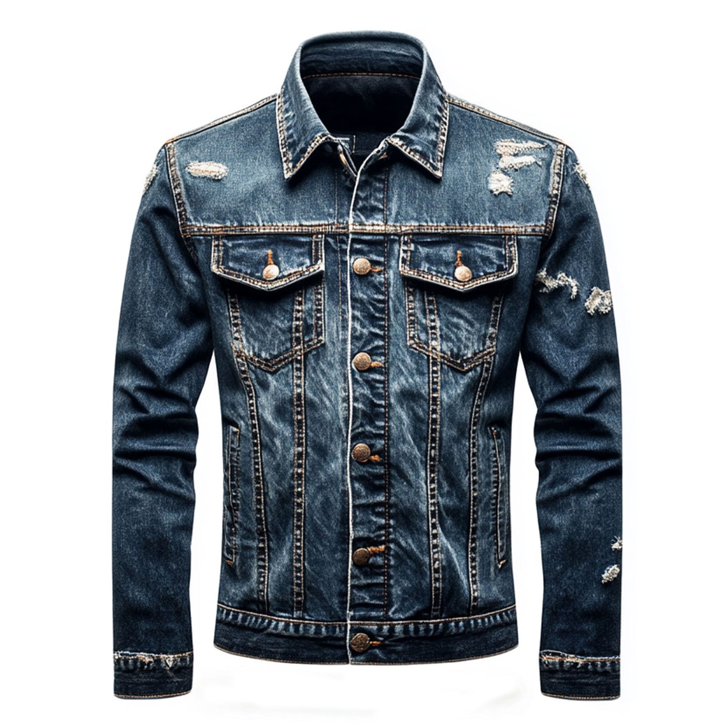 Mens Denim Jacket Distressed Comfortable Durable Blue Jeans Flaps Slanted Front Pockets Lepal Trucker Jackets