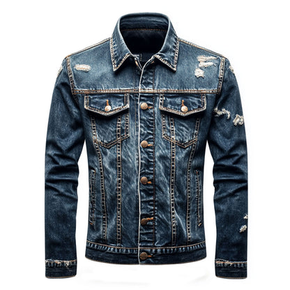 Mens Denim Jacket Distressed Comfortable Durable Blue Jeans Flaps Slanted Front Pockets Lepal Trucker Jackets