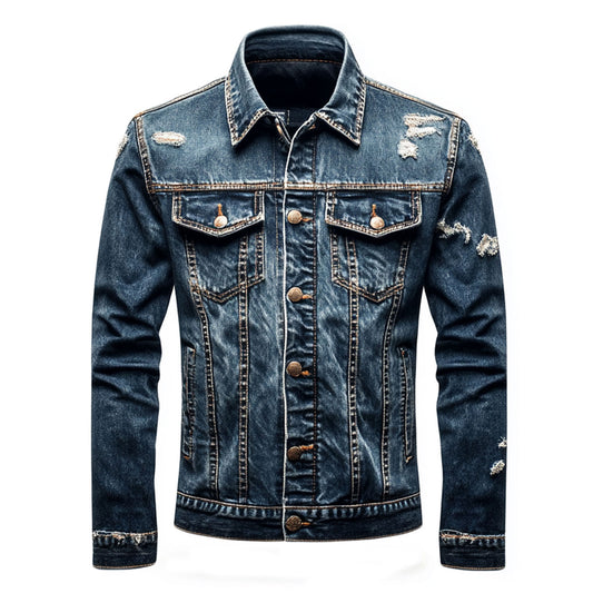 Mens Denim Jacket Distressed Comfortable Durable Blue Jeans Flaps Slanted Front Pockets Lepal Trucker Jackets