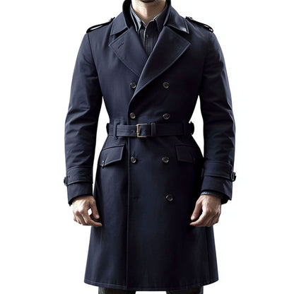 Mens Mini Trench Coat Knee Length Trench Coats Double Breasted Nav Blue Jacket Storm Flap Lepal Collar Multipockets Water Resistant Jackets For Men