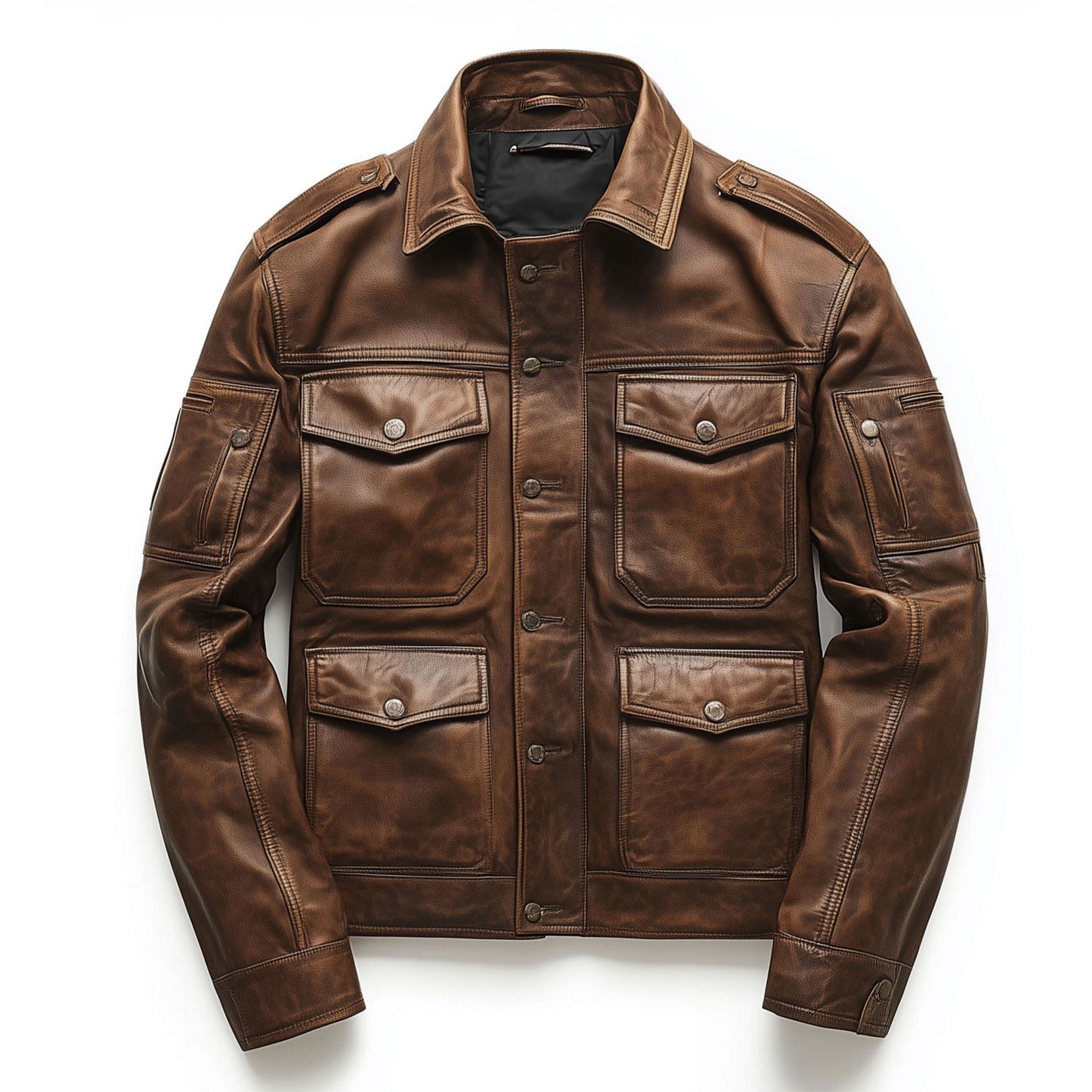 Mens Leather Jacket Military Field Zipper Lepal Collar Multipockets Flaps Slanted Pockets Genuine Leather Jackets For Men
