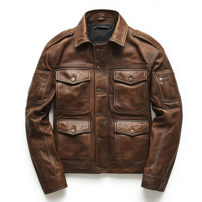 Mens Leather Jacket Military Field Zipper Lepal Collar Multipockets Flaps Slanted Pockets Genuine Leather Jackets For Men