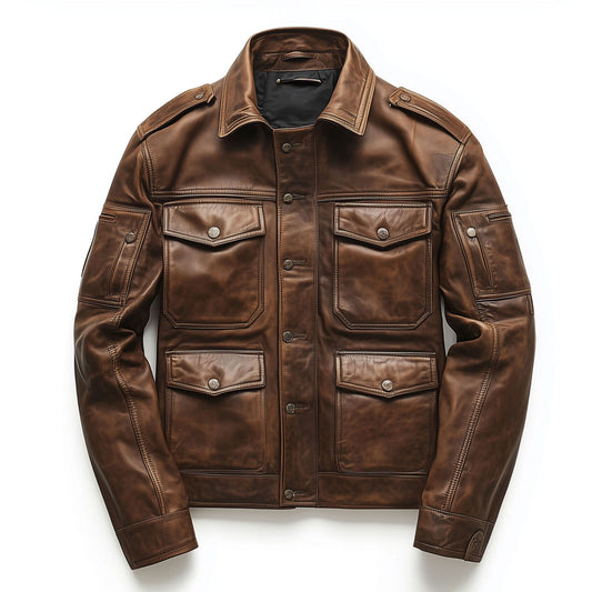 Mens Leather Jacket Military Field Zipper Lepal Collar Multipockets Flaps Slanted Pockets Genuine Leather Jackets For Men