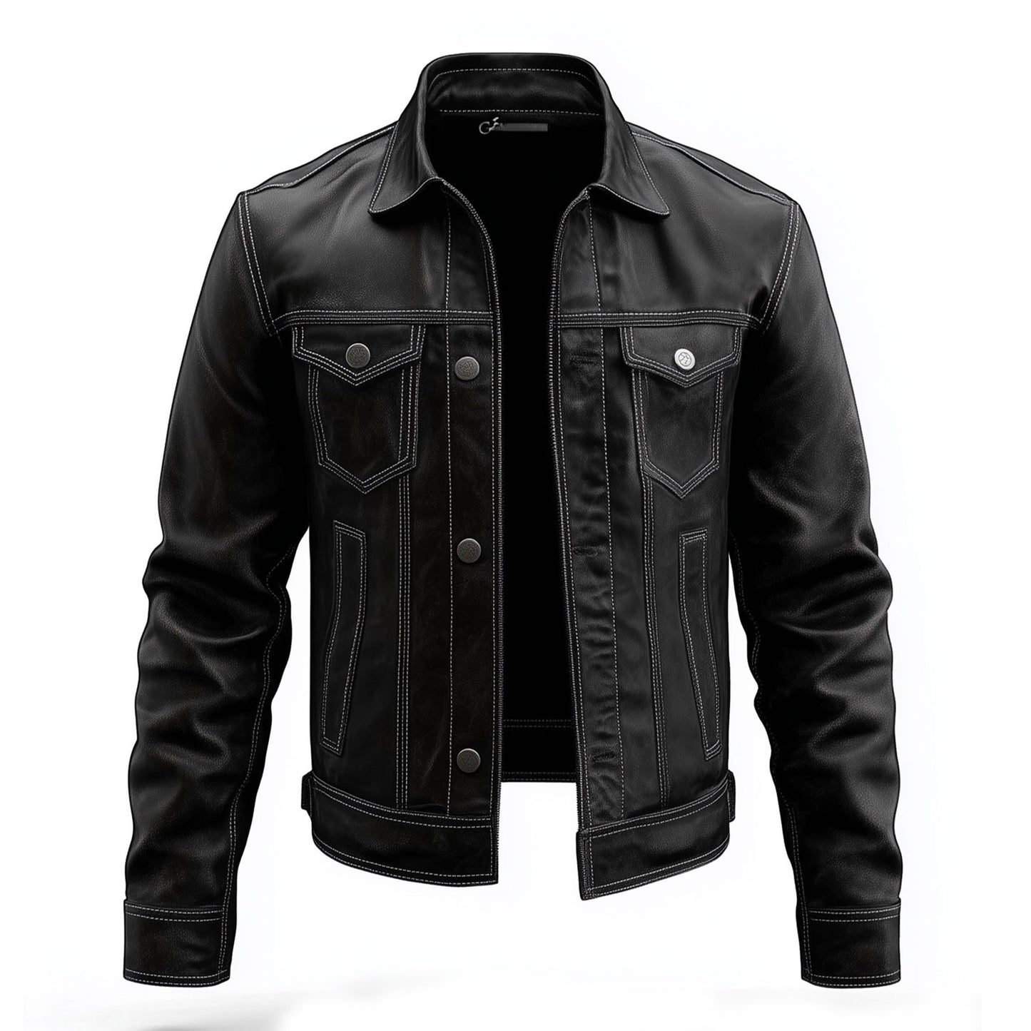 Mens Leather Trucker Jacket Flaps Slanted Pockets Denim Genuine Leather Jackets For Men