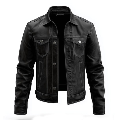 Mens Leather Trucker Jacket Flaps Slanted Pockets Denim Genuine Leather Jackets For Men