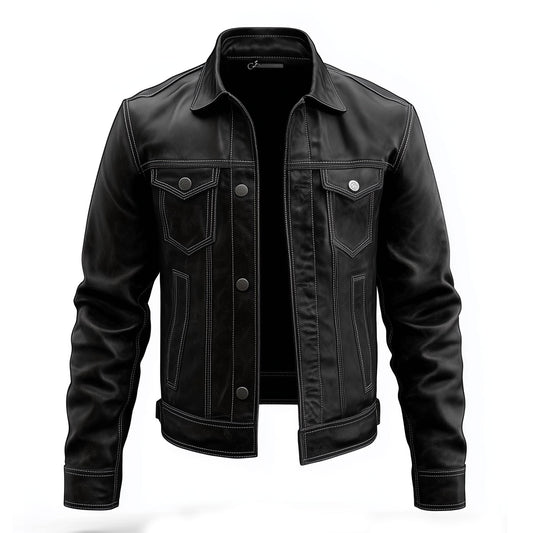 Mens Leather Trucker Jacket Flaps Slanted Pockets Denim Genuine Leather Jackets For Men