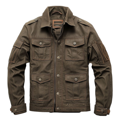 Mens Leather Jacket Military Field Zipper Protection Lepal Collar Multipockets Flaps Slanted Pockets Genuine Leather Jackets For Men