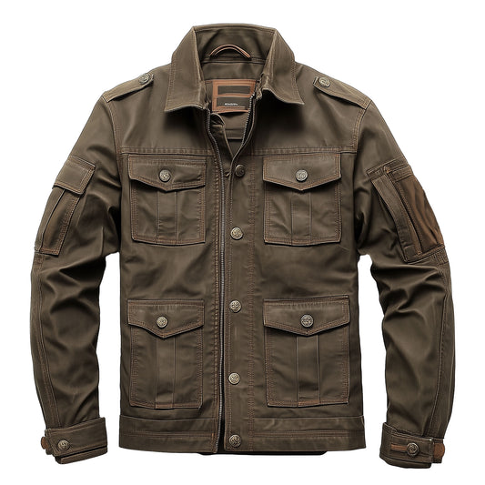 Mens Leather Jacket Military Field Zipper Protection Lepal Collar Multipockets Flaps Slanted Pockets Genuine Leather Jackets For Men