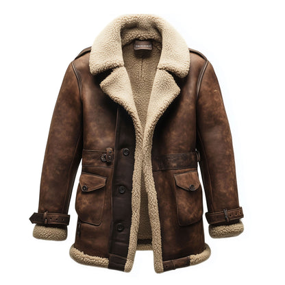 Shearling Brown Leather Coat Genuine Sheepskin Fur Leather B3 Bomber Leather Coat Modern Aviator Jacket For Men (Copy)