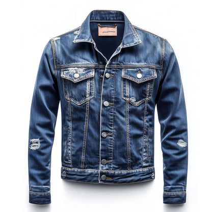 Mens Denim Jacket Distressed Comfortable Durable Jeans Flaps Slanted Front Pockets Lepal Blue Trucker Jackets For Men