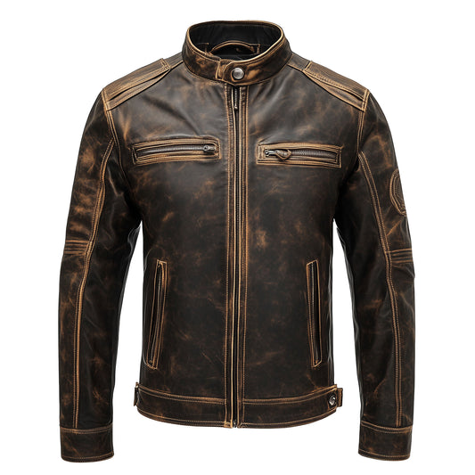 Mens Vintage Brown Cafe Racer Biker Leather Jacket Zipper Stand Collar Multipockets Motercycle Distressed Genuine Leather Jackets For Men