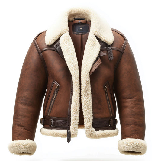 Shearling Brown Leather Jacket Genuine Luxurious Sheepskin Fur Leather B3 Bomber Leather Modern Aviator Jackets