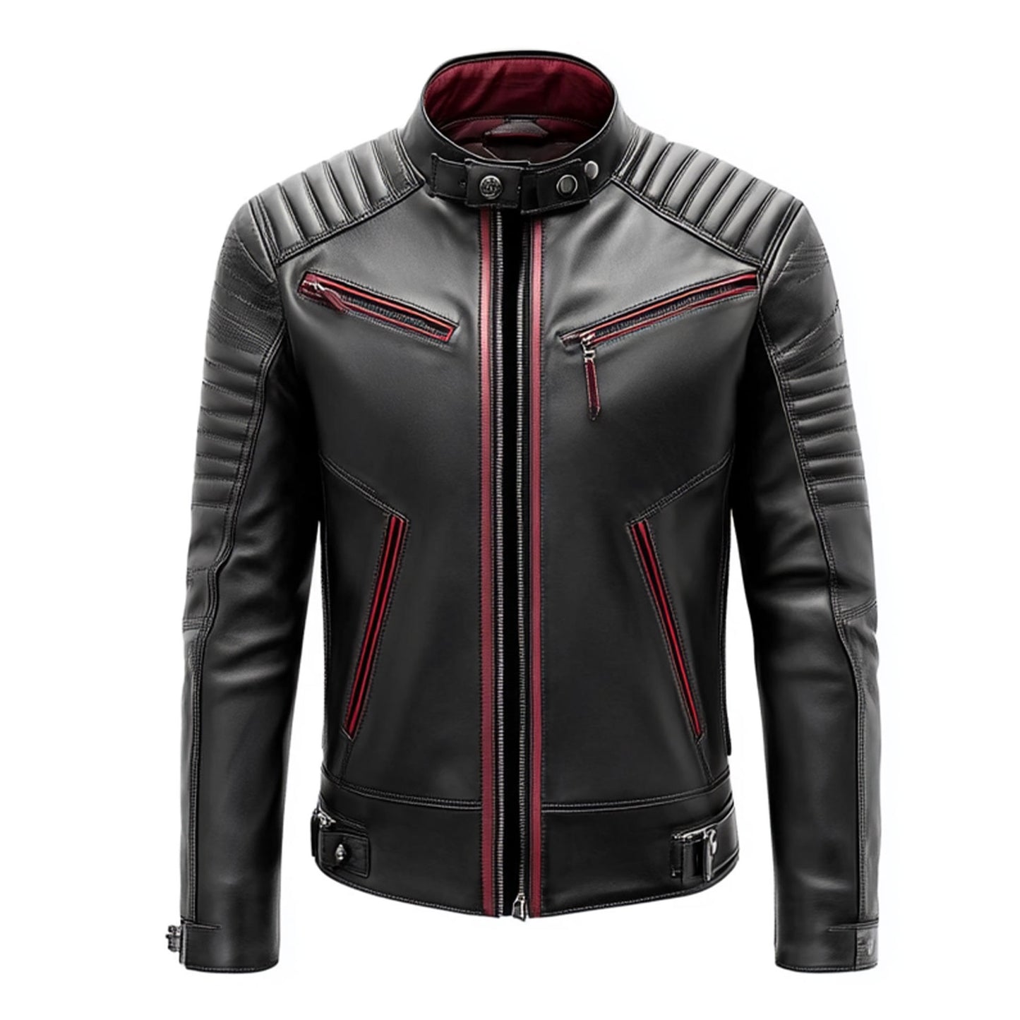 Mens Leather Jacket Biker Zipper Padded Protection Black with Red Pipping Stand Collar Multipockets Motercycle Genuine Leather Jackets For Men