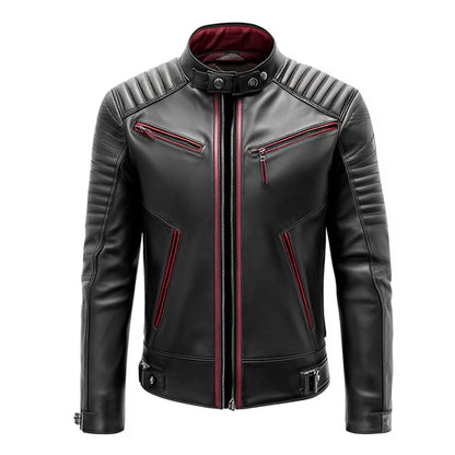 Mens Leather Jacket Biker Zipper Padded Protection Black with Red Pipping Stand Collar Multipockets Motercycle Genuine Leather Jackets For Men