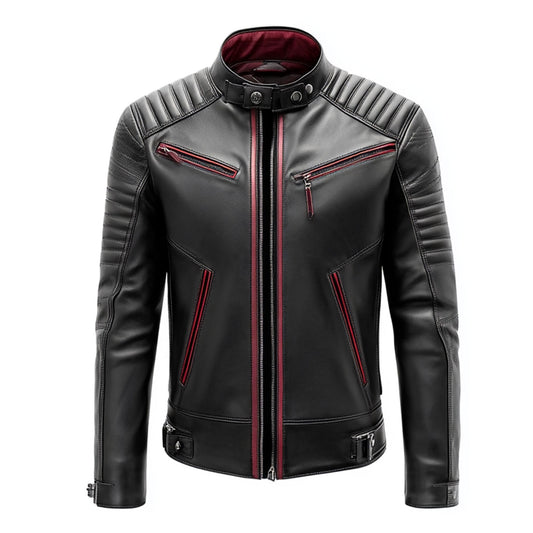 Mens Leather Jacket Biker Zipper Padded Protection Black with Red Pipping Stand Collar Multipockets Motercycle Genuine Leather Jackets For Men