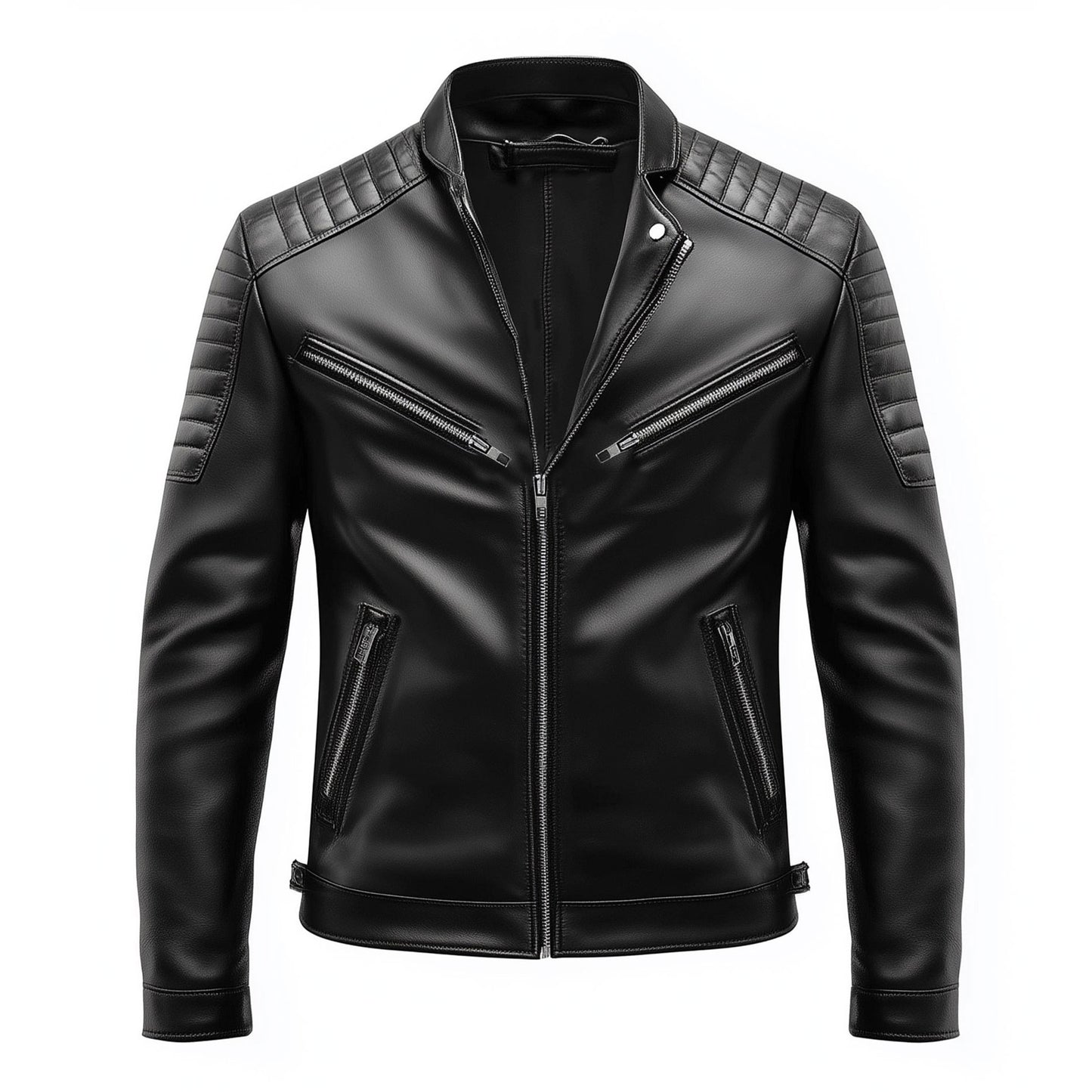 Mens Leather Jacket Biker Zipper Padded Protection Black Stand Collar Multipockets Motercycle Genuine Leather Jackets For Men