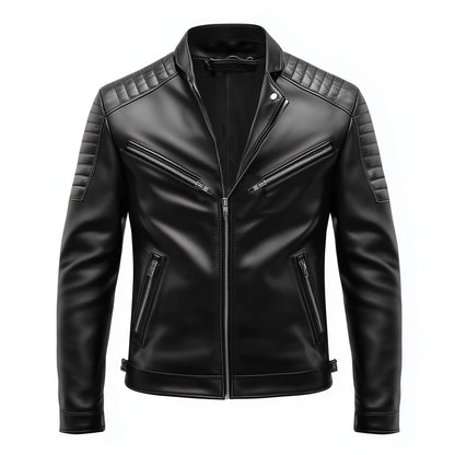 Mens Leather Jacket Biker Zipper Padded Protection Black Stand Collar Multipockets Motercycle Genuine Leather Jackets For Men