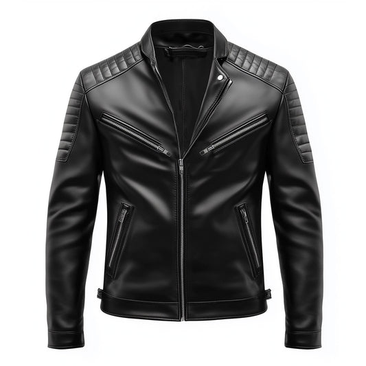 Mens Leather Jacket Biker Zipper Padded Protection Black Stand Collar Multipockets Motercycle Genuine Leather Jackets For Men