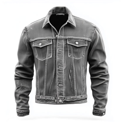 Mens Denim Jacket Distressed Grey Comfortable Durable Flaps Slanted Front Pockets Lepal Jeans Trucker Jackets For Men