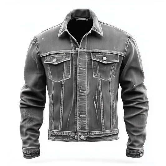 Mens Denim Jacket Distressed Grey Comfortable Durable Flaps Slanted Front Pockets Lepal Jeans Trucker Jackets For Men