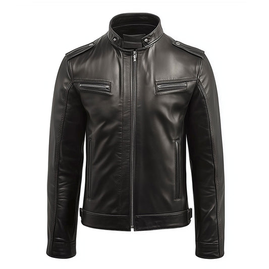 Mens Cafe Racer Biker Leather Jacket Zipper Stand Collar Multipockets Motorcycle Genuine Leather Jackets