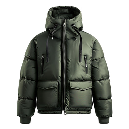Mens Puffer Jacket with Hood Hip-Length Puffer Lightweight Green Quilted Patterns Removable Hood Multiple Pockets Mens Puffer Jacket