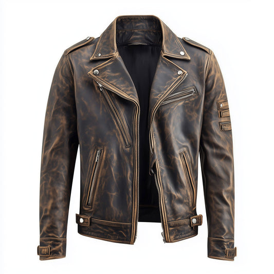 Mens Vintage Biker Leather Jacket Zipper Lepal Collar Multipockets Motercycle Distressed Genuine Leather Jackets For Men